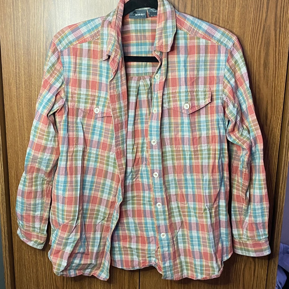 Lizwear Plaid Button Down Shirt‎ Womens Petite S Multicolor Cotton Linen